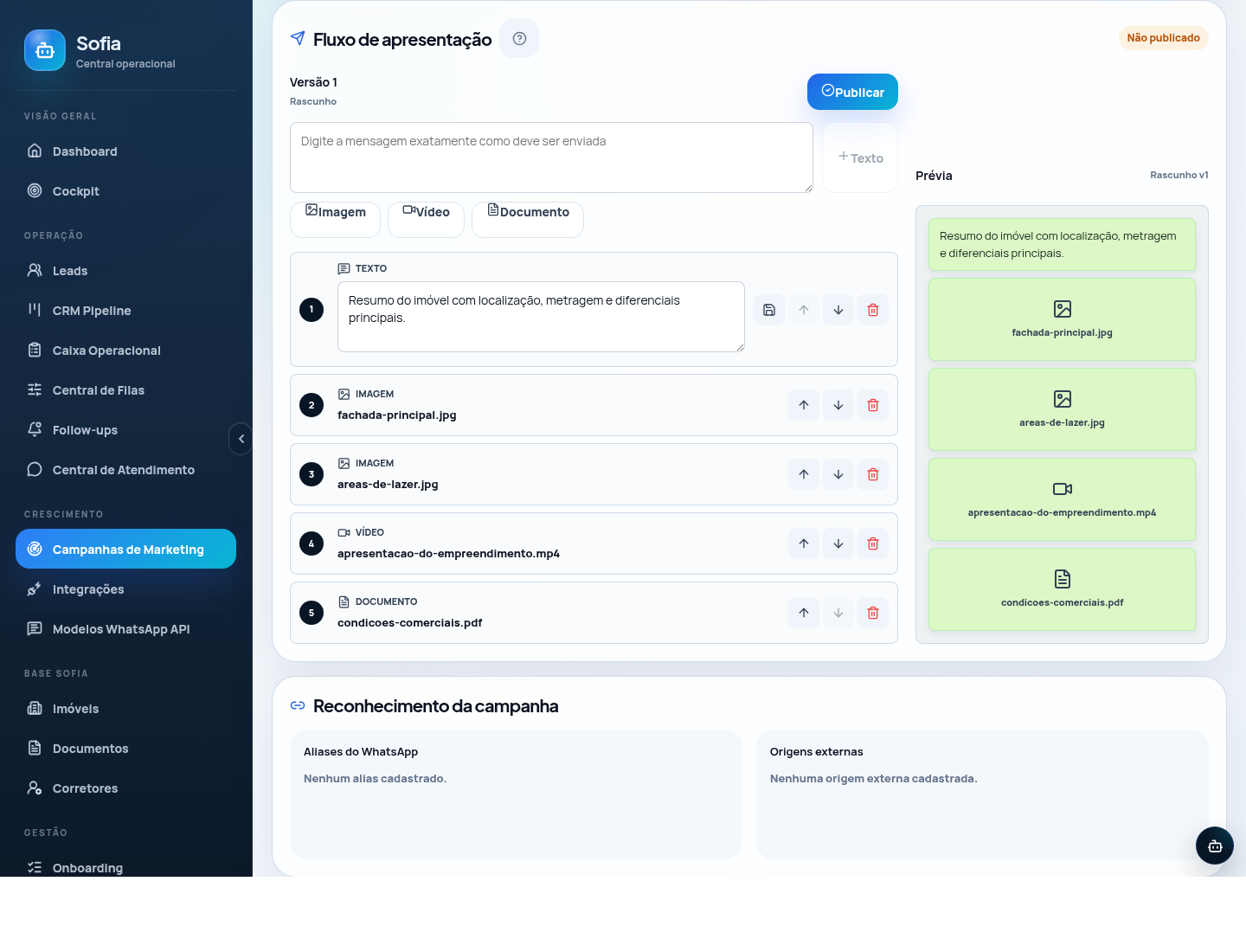 Editor do fluxo de apresentação com dados fictícios